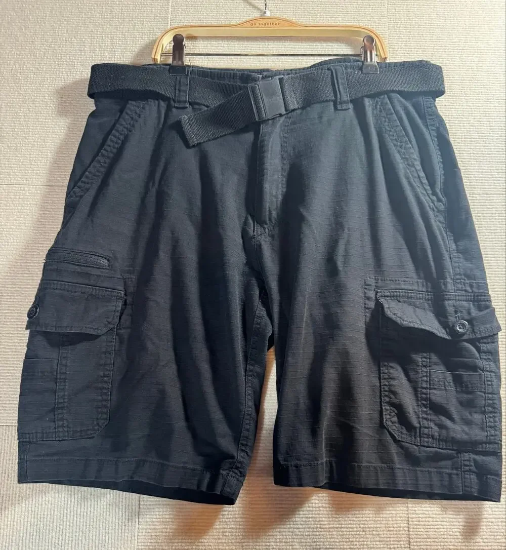 WearFirst Mens 34 Cargo Shorts Belted Cotton Stretch Ripstop Black